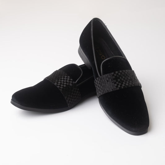 Black Velvet Loafers with a Leather Band