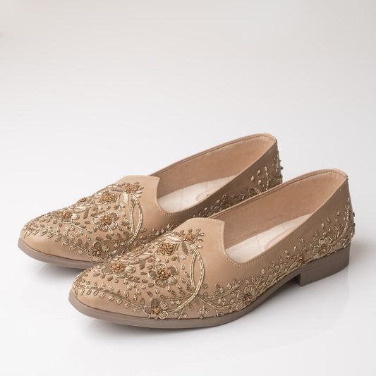 Heavy Embroidered Beige Leather Mojari