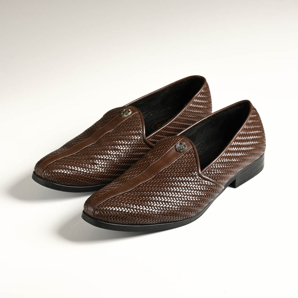 Men's Mocha Brown Woven Textured Slip-On Loafers