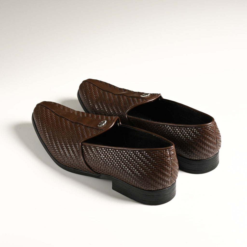 Men's Mocha Brown Woven Textured Slip-On Loafers