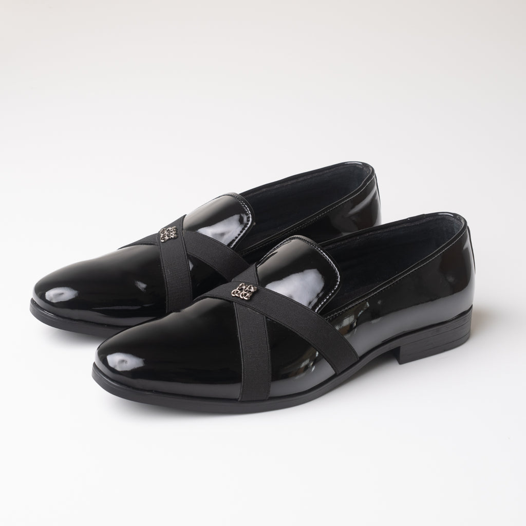 Men's Black Patent Leather Cross Strap Loafers