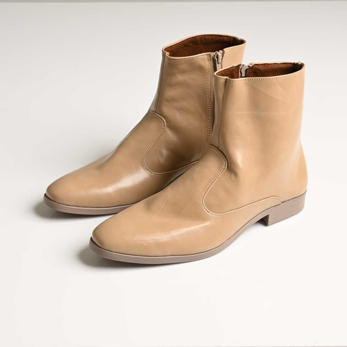 Men's Beige Ankle Zip Vegan Leather Boots