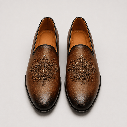 Men's Antique Brown Royal Crest Vegan Leather Slip-On Loafers - Zikolifestyle