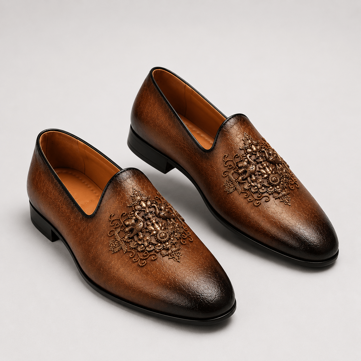 Men's Antique Brown Royal Crest Vegan Leather Slip-On Loafers - Zikolifestyle