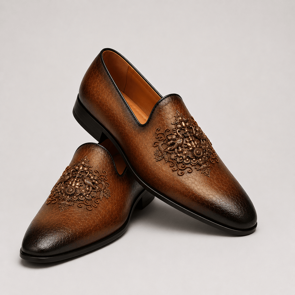 Men's Antique Brown Royal Crest Vegan Leather Slip-On Loafers - Zikolifestyle