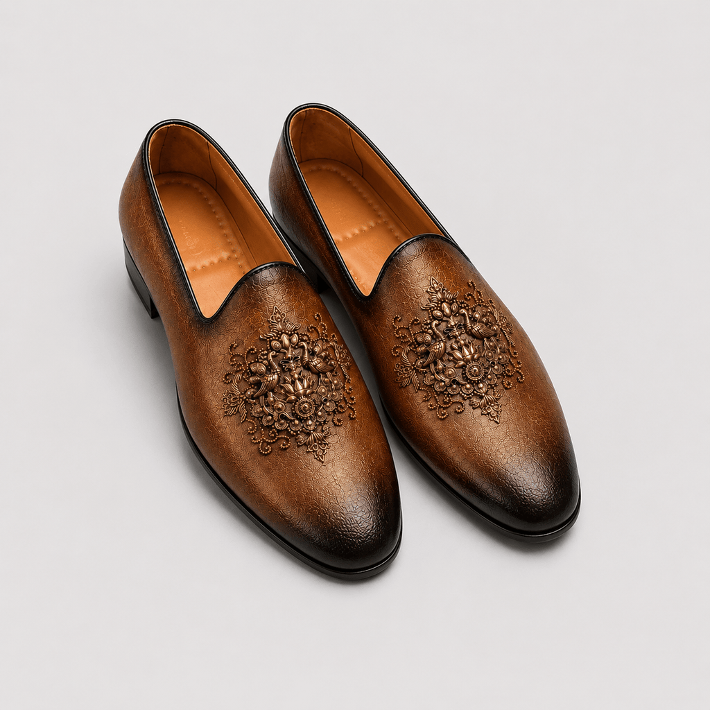 Men's Antique Brown Royal Crest Vegan Leather Slip-On Loafers - Zikolifestyle