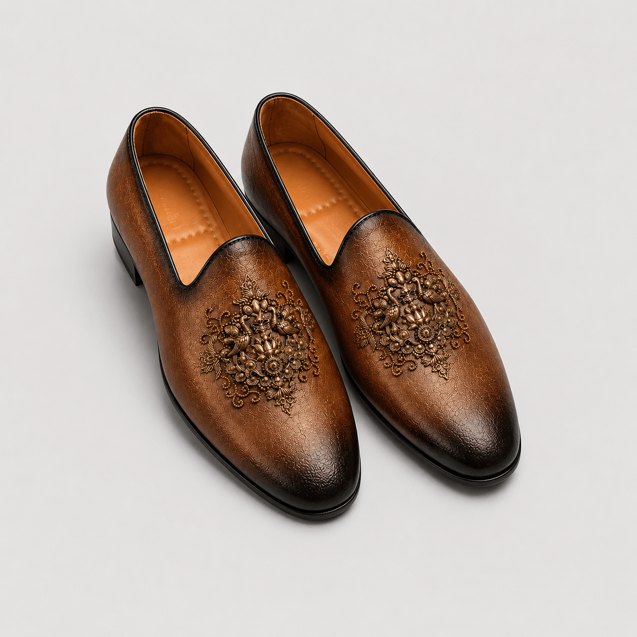 Men's Antique Brown Royal Crest Vegan Leather Slip-On Loafers - Zikolifestyle