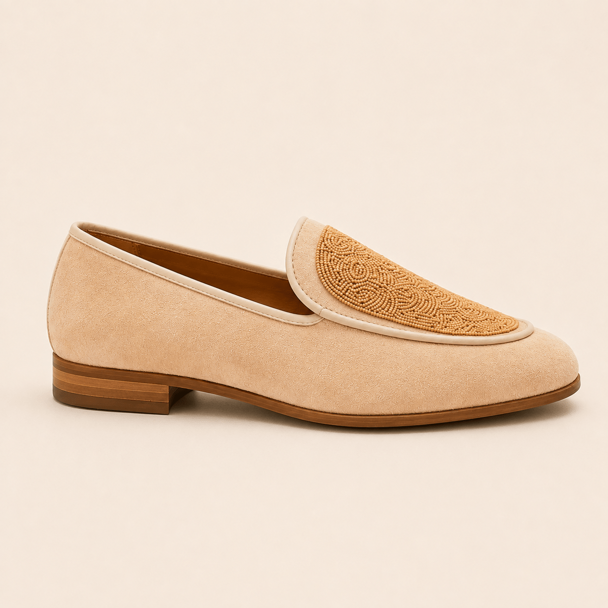 Men's Beige Beaded Embroidered Vegan Leather Slip-On Loafers - Zikolifestyle