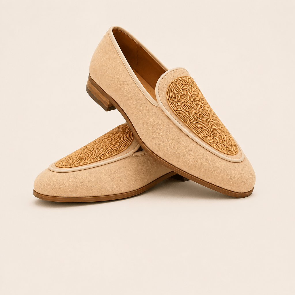 Men's Beige Beaded Embroidered Vegan Leather Slip-On Loafers - Zikolifestyle