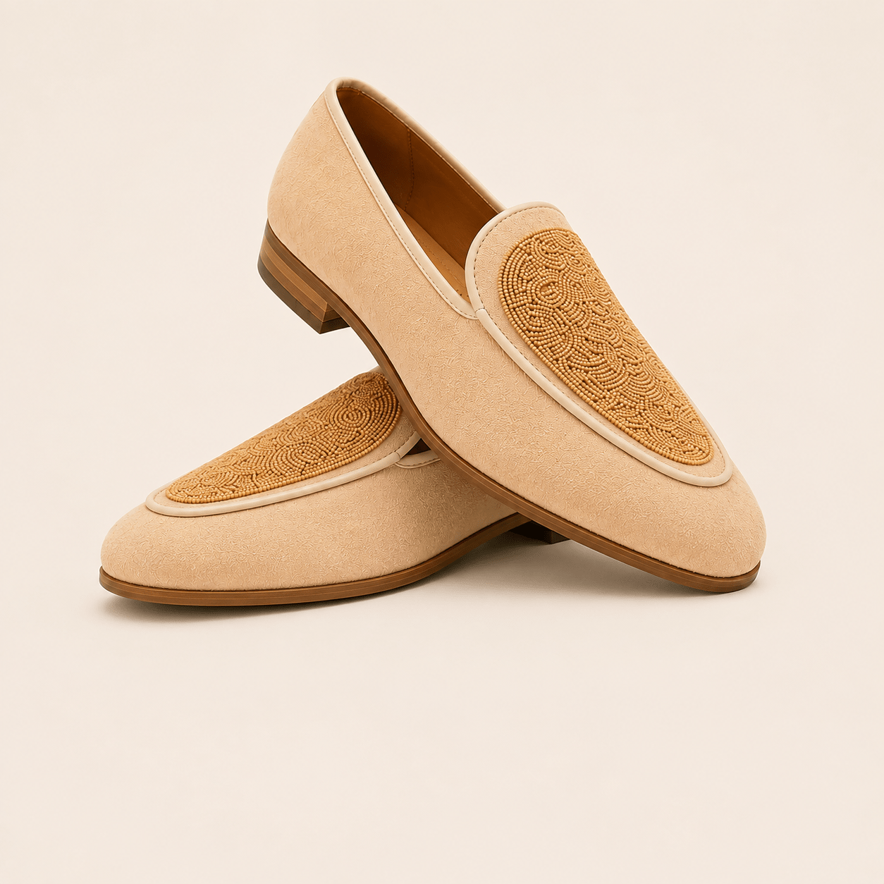 Men's Beige Beaded Embroidered Vegan Leather Slip-On Loafers - Zikolifestyle