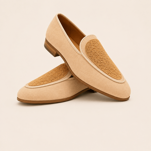 Men's Beige Beaded Embroidered Vegan Leather Slip-On Loafers - Zikolifestyle