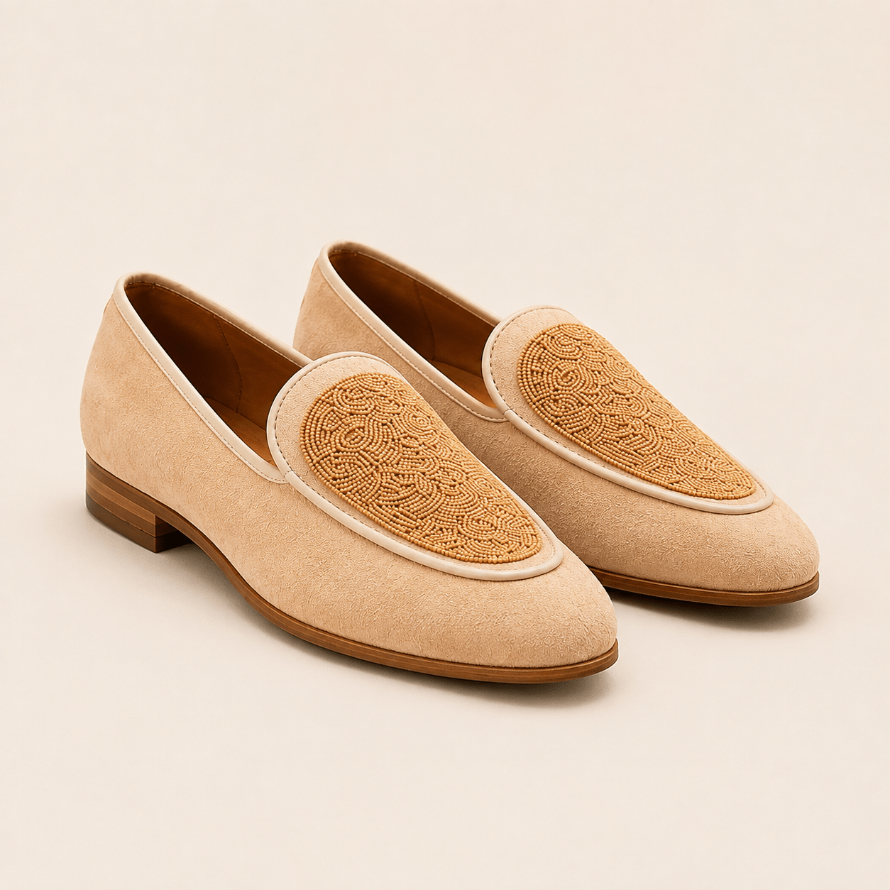 Men's Beige Beaded Embroidered Vegan Leather Slip-On Loafers - Zikolifestyle