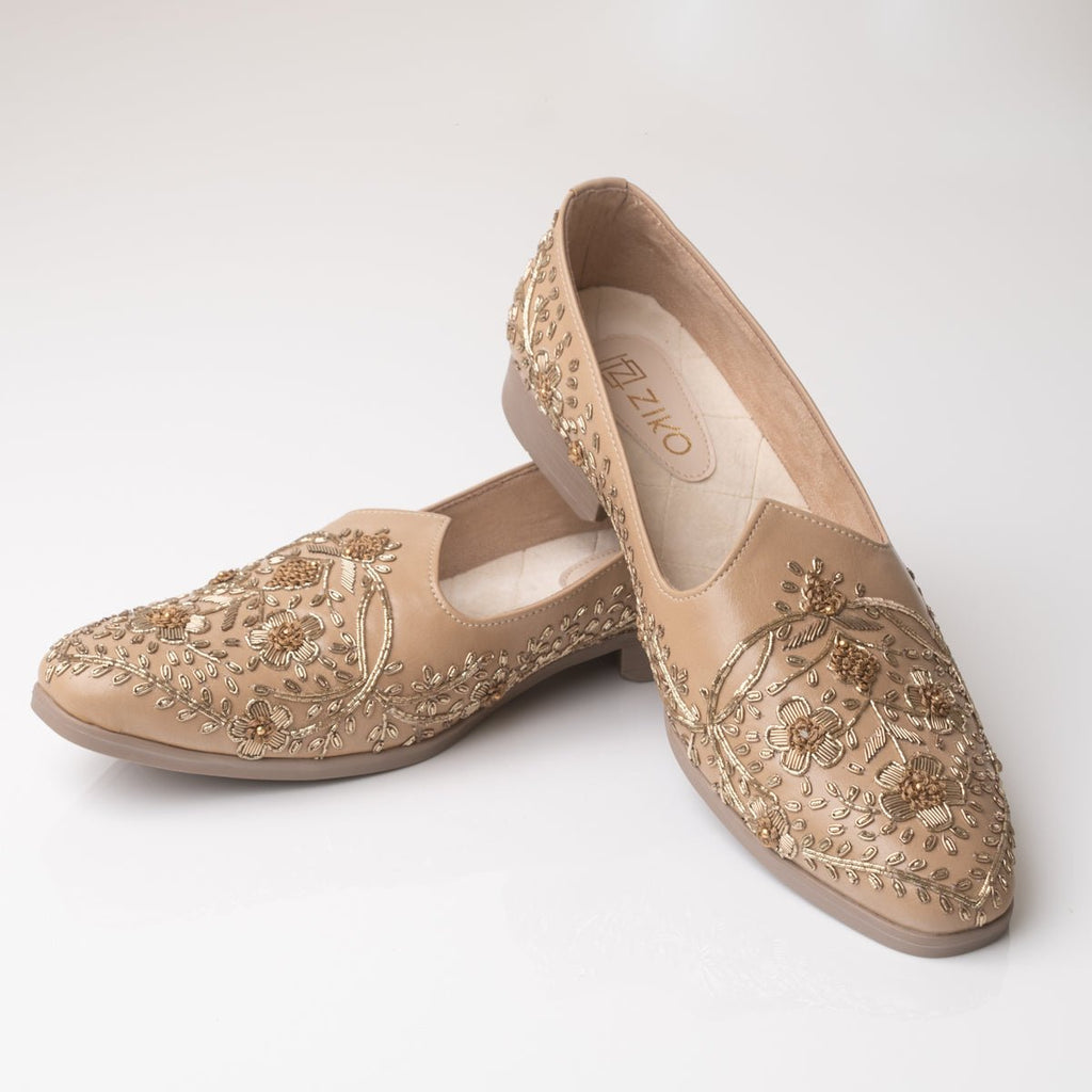 Men's Beige Floral Embroidered Loafers - Zikolifestyle