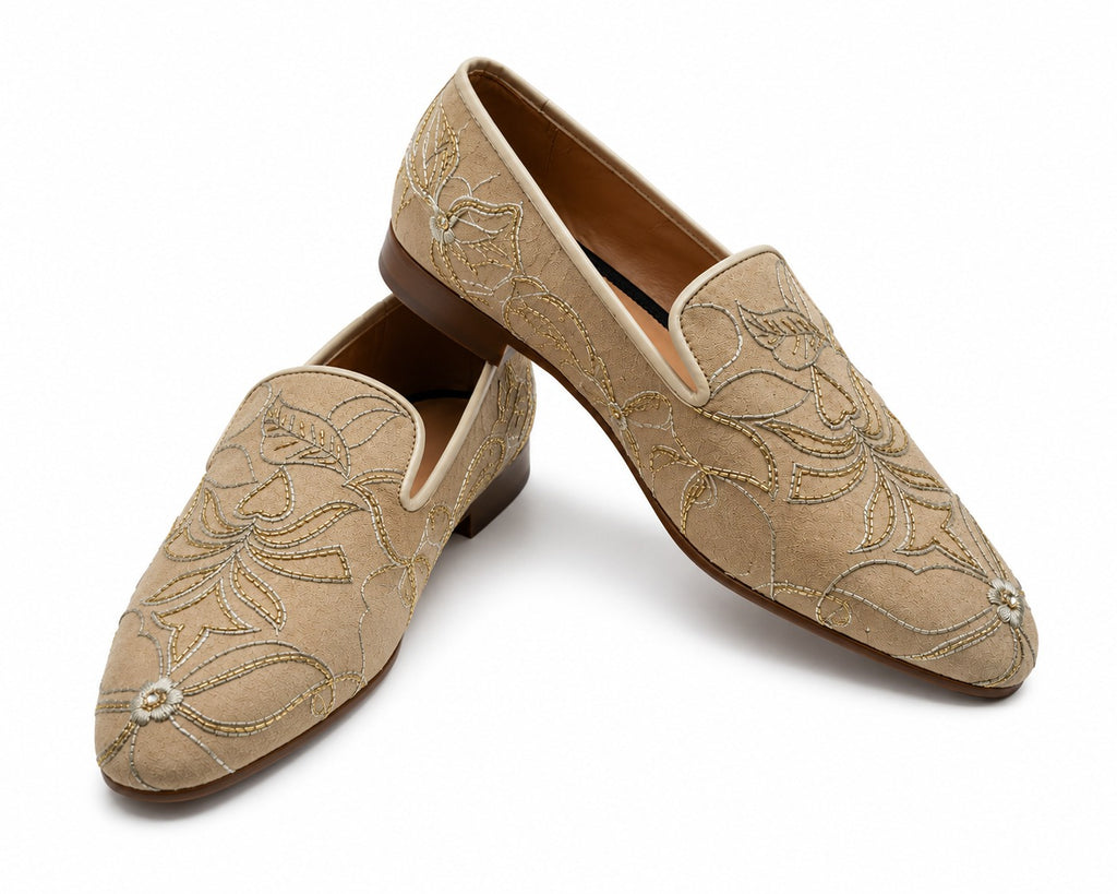 Men's Beige Floral Embroidered Vegan Leather Slip-On Loafers