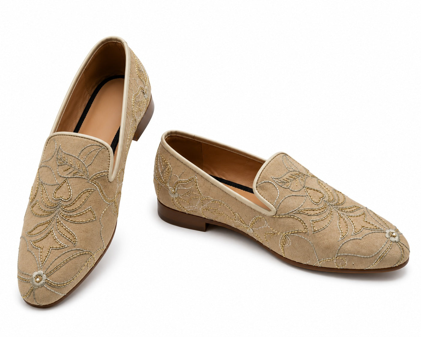 Men's Beige Floral Embroidered Vegan Leather Slip-On Loafers