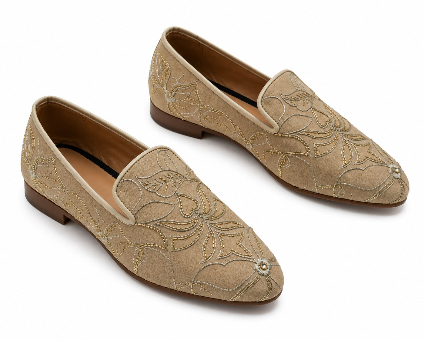 Men's Beige Floral Embroidered Vegan Leather Slip-On Loafers