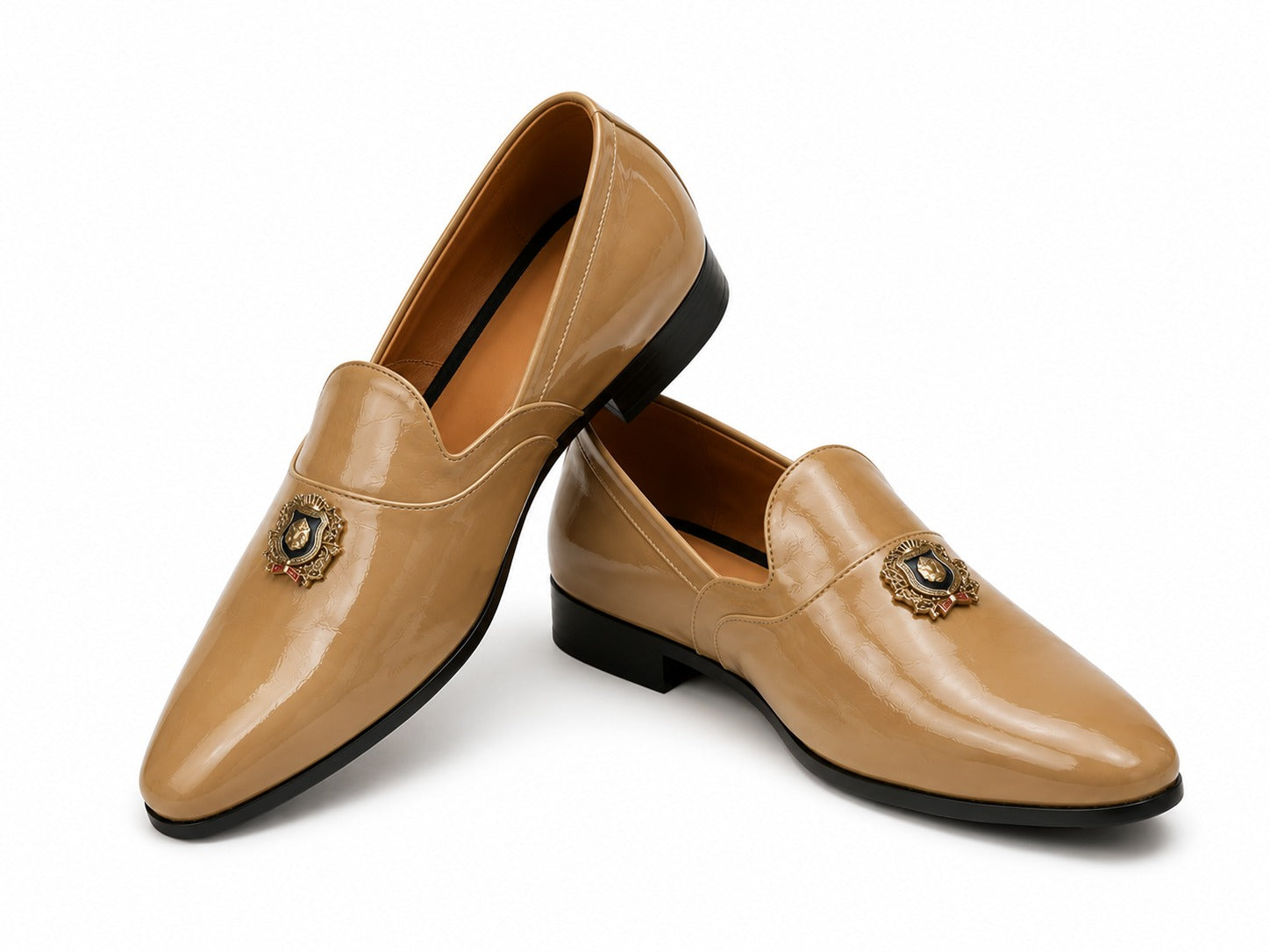 Men's Beige Patent Metal Emblem Vegan Leather Slip-On Loafers