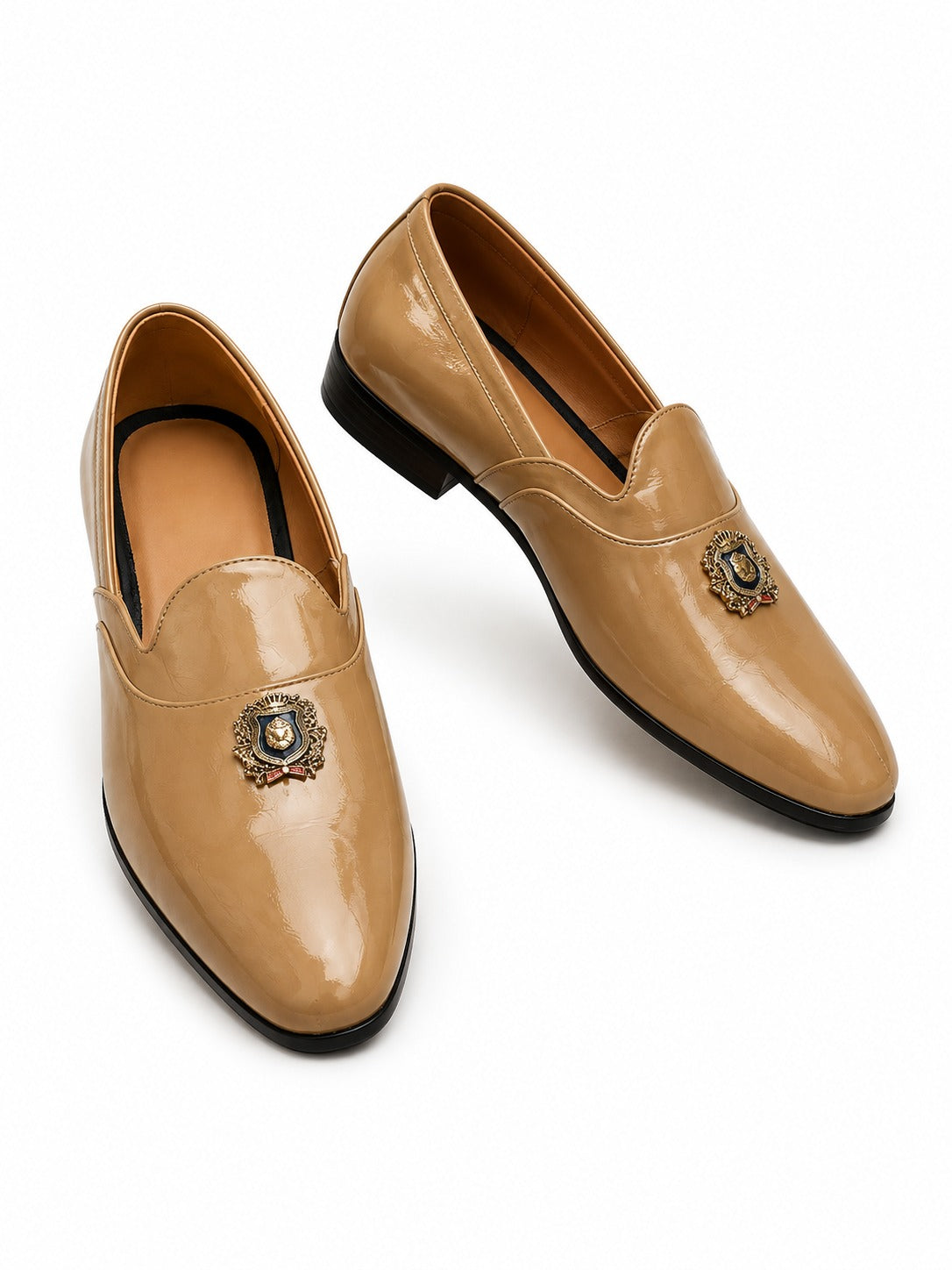 Men's Beige Patent Metal Emblem Vegan Leather Slip-On Loafers