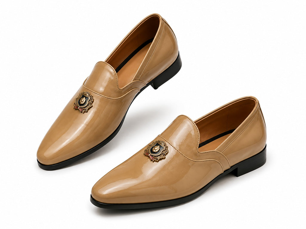 Men's Beige Patent Metal Emblem Vegan Leather Slip-On Loafers