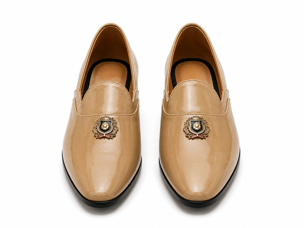 Men's Beige Patent Metal Emblem Vegan Leather Slip-On Loafers