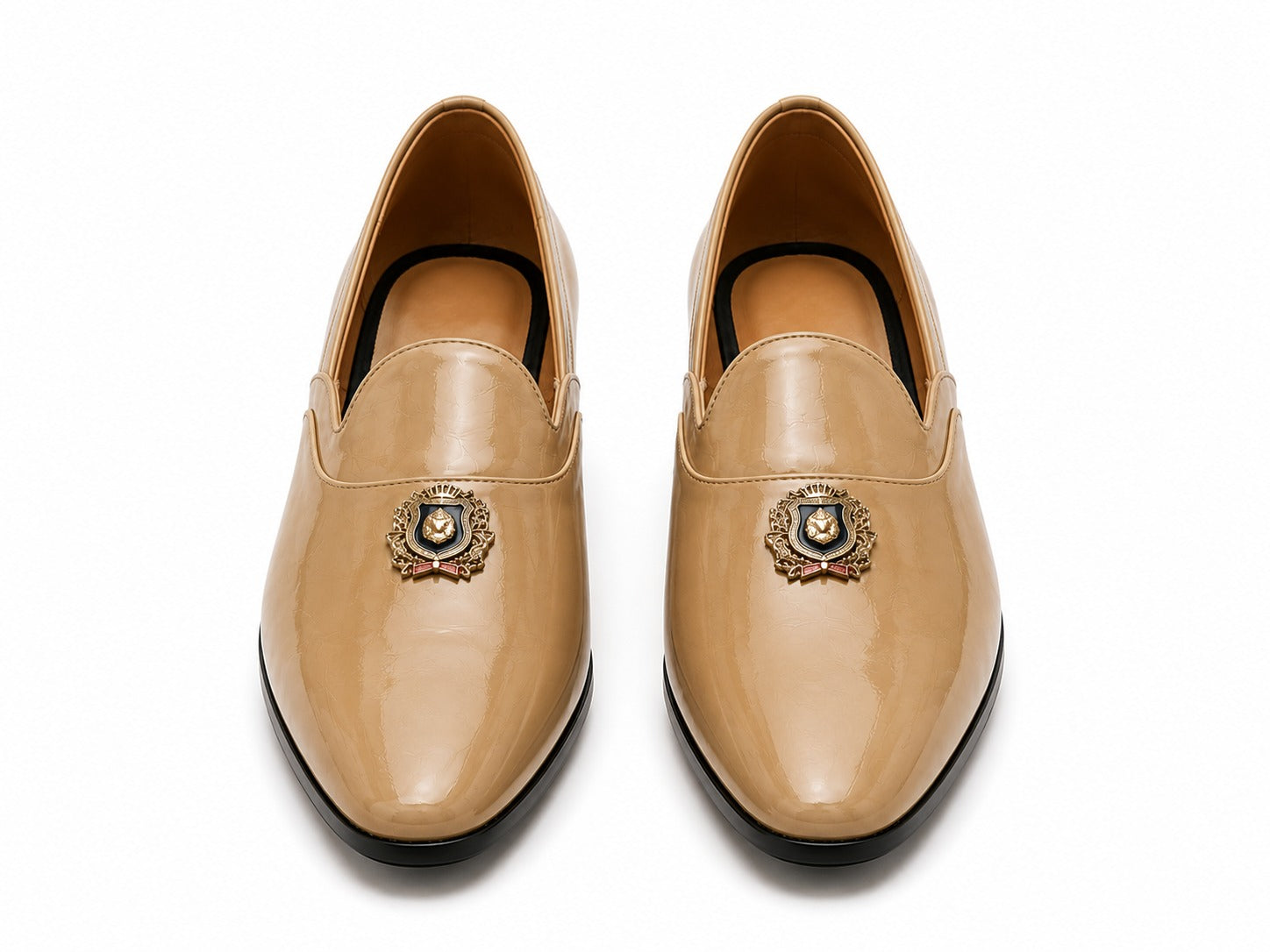 Men's Beige Patent Metal Emblem Vegan Leather Slip-On Loafers