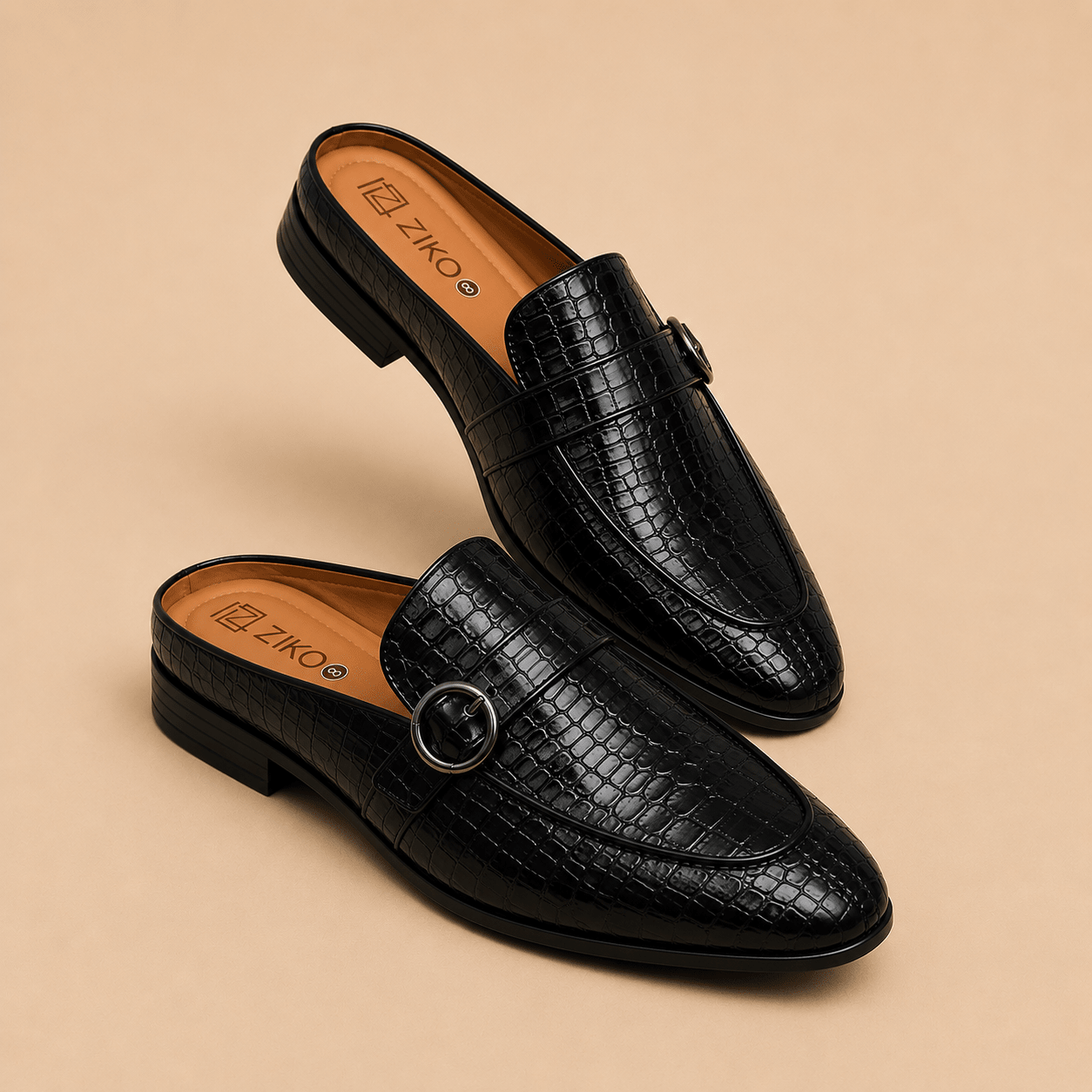 Men's Black Croc Texture Buckle Vegan Leather Mule Loafers - Zikolifestyle