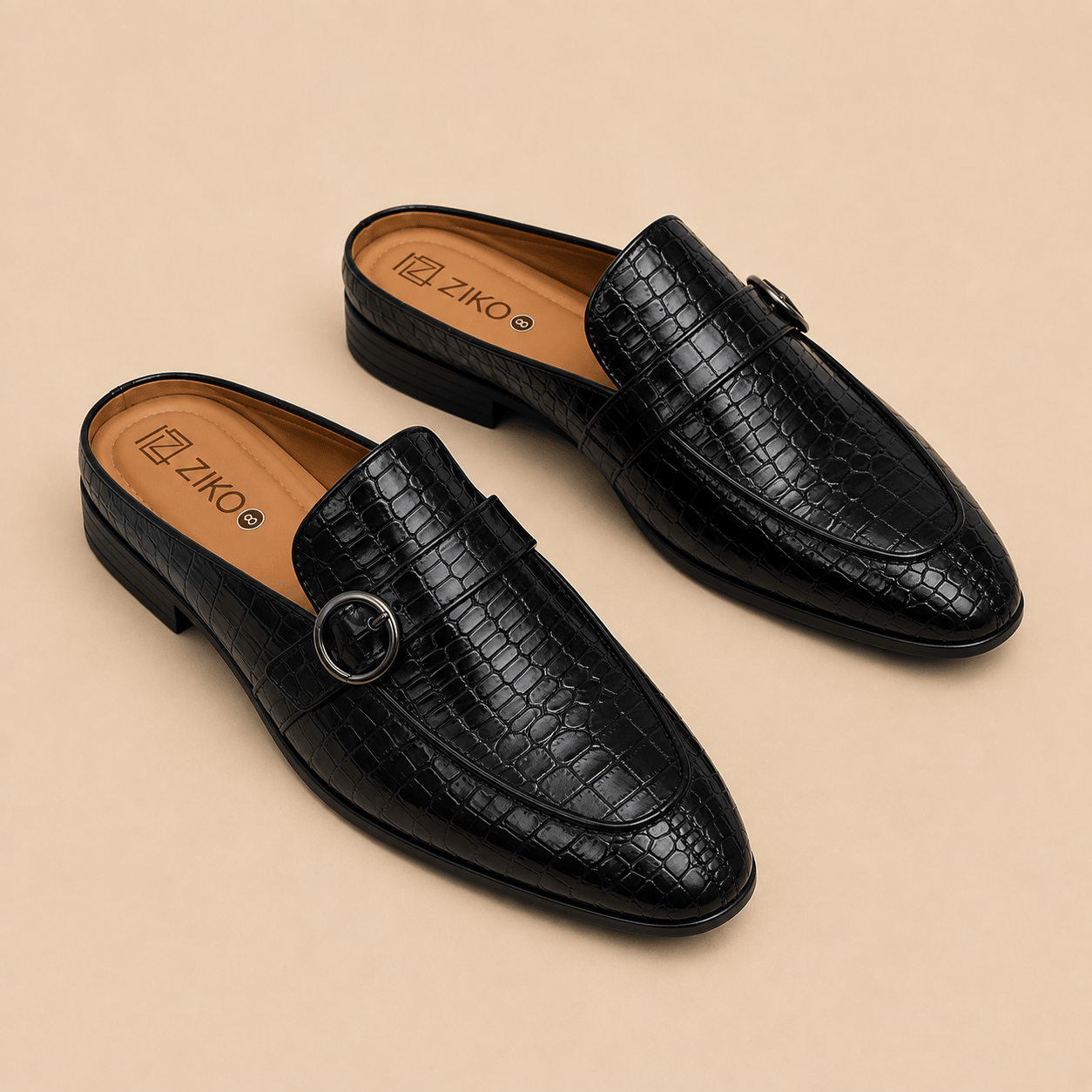 Men's Black Croc Texture Buckle Vegan Leather Mule Loafers - Zikolifestyle