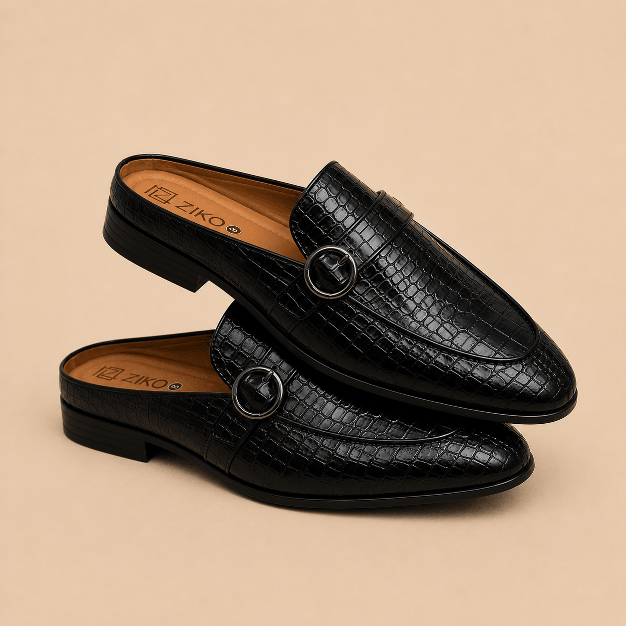 Men's Black Croc Texture Buckle Vegan Leather Mule Loafers - Zikolifestyle