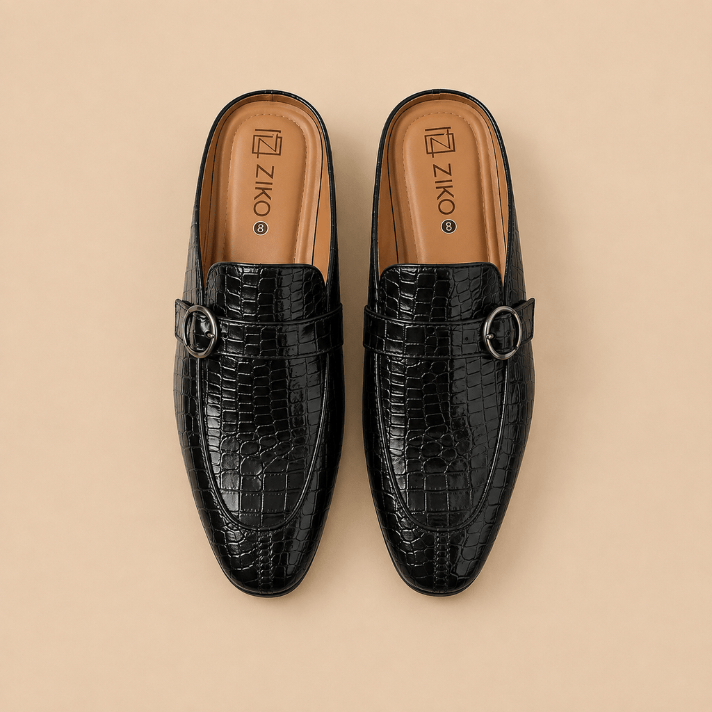 Men's Black Croc Texture Buckle Vegan Leather Mule Loafers - Zikolifestyle