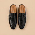 Men's Black Croc Texture Buckle Vegan Leather Mule Loafers - Zikolifestyle