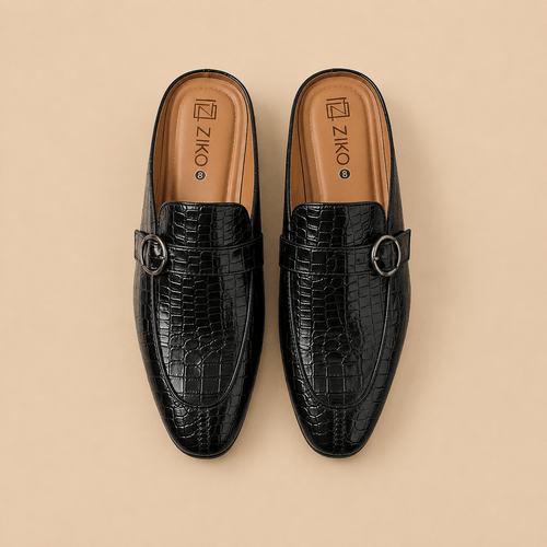 Men's Black Croc Texture Buckle Vegan Leather Mule Loafers - Zikolifestyle
