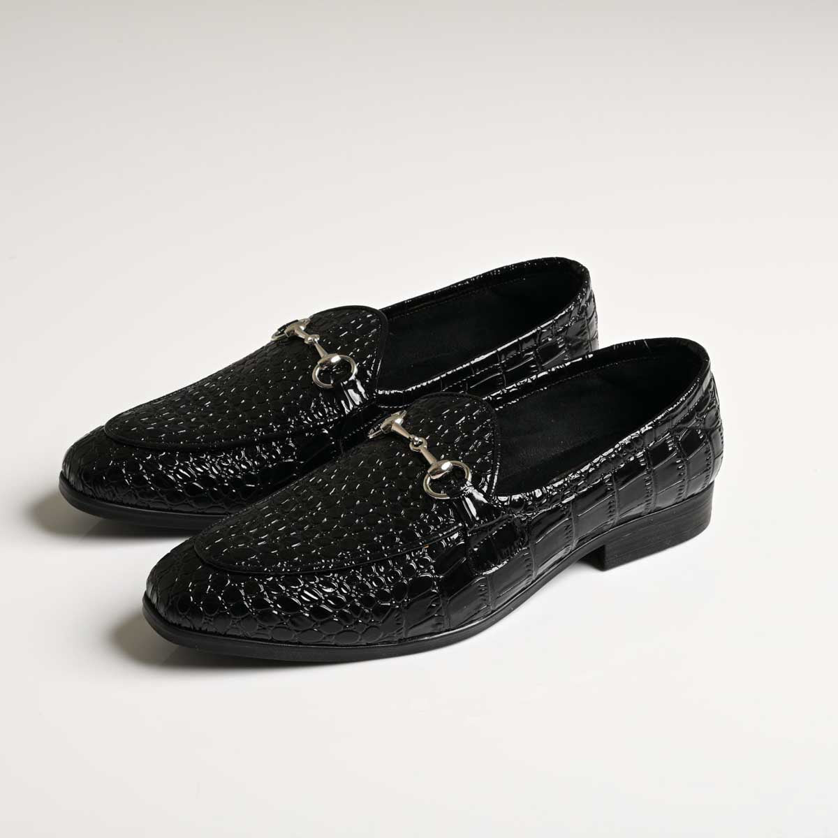 Men's Black Croc Texture Horsebit Vegan Leather Loafers - Zikolifestyle