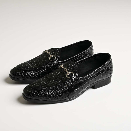 Men's Black Croc Texture Horsebit Vegan Leather Loafers - Zikolifestyle