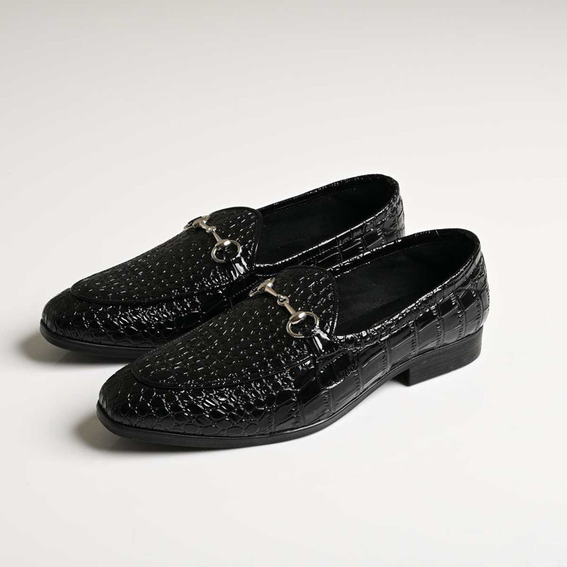 Men's Black Croc Texture Horsebit Vegan Leather Loafers - Zikolifestyle