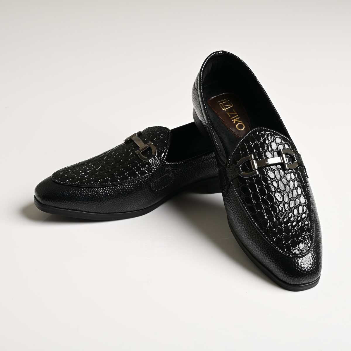 Men's Black Croc Texture Horsebit Vegan Leather Loafers - Zikolifestyle