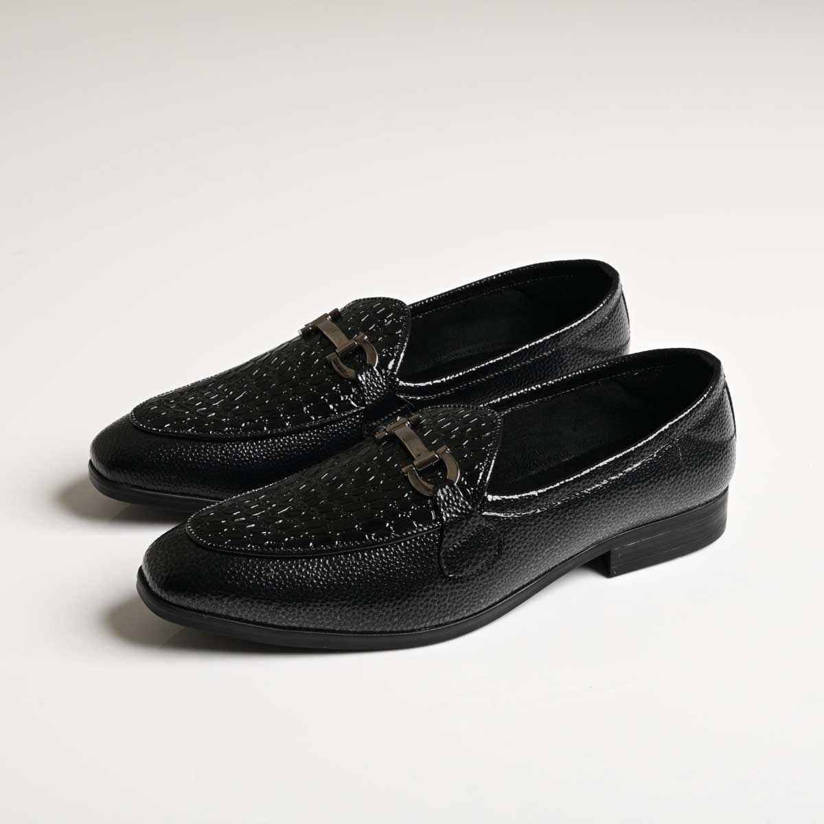 Men's Black Croc Texture Horsebit Vegan Leather Loafers - Zikolifestyle