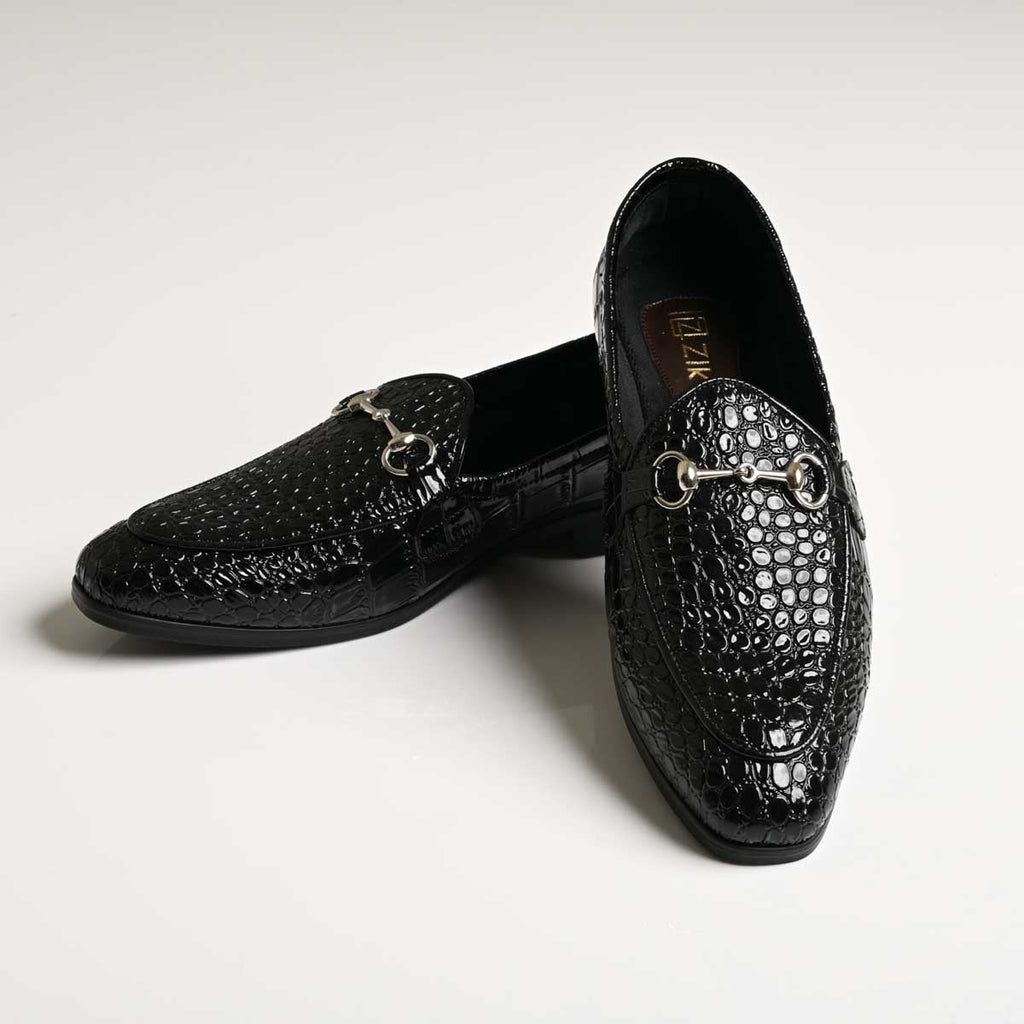 Men's Black Croc Texture Horsebit Vegan Leather Loafers - Zikolifestyle