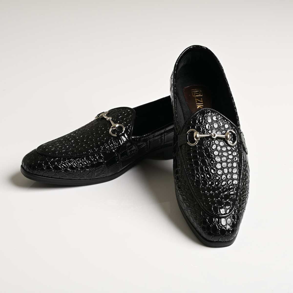 Men's Black Croc Texture Horsebit Vegan Leather Loafers - Zikolifestyle