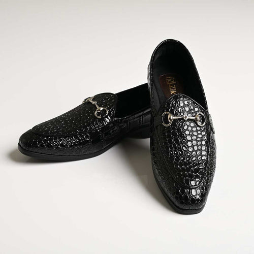 Men's Black Croc Texture Horsebit Vegan Leather Loafers - Zikolifestyle