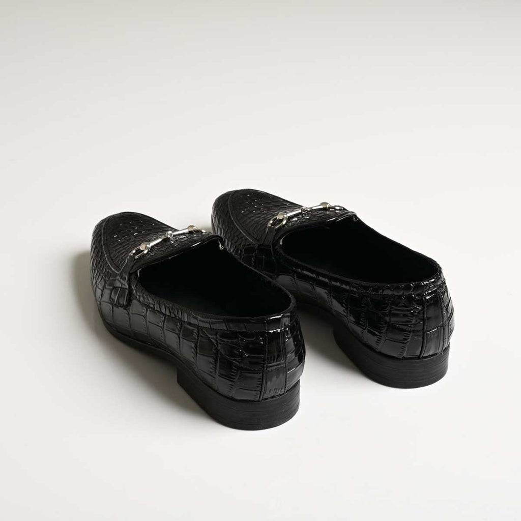 Men's Black Croc Texture Horsebit Vegan Leather Loafers - Zikolifestyle
