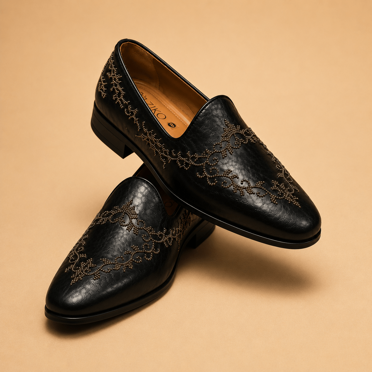 Men's Black Embroidered Studded Vegan Leather Slip-On Loafers - Zikolifestyle