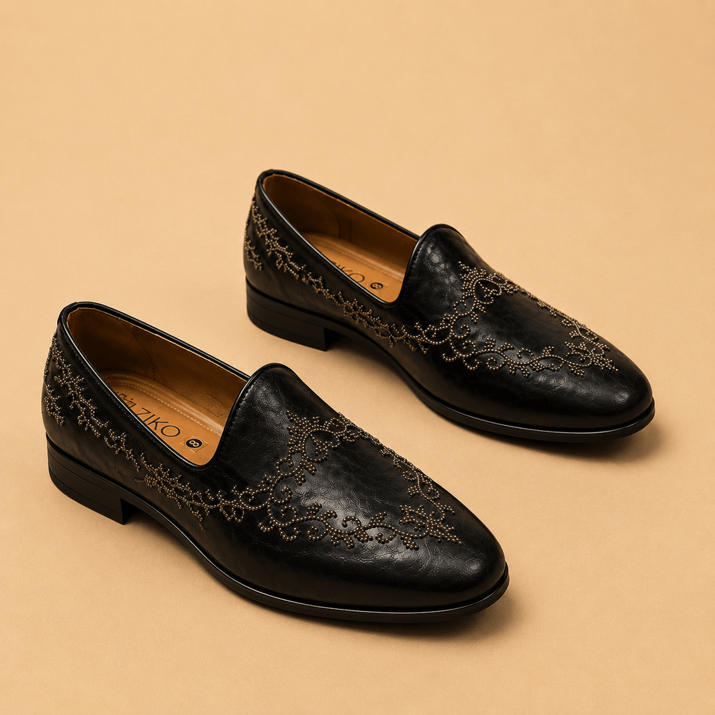 Men's Black Embroidered Studded Vegan Leather Slip-On Loafers - Zikolifestyle