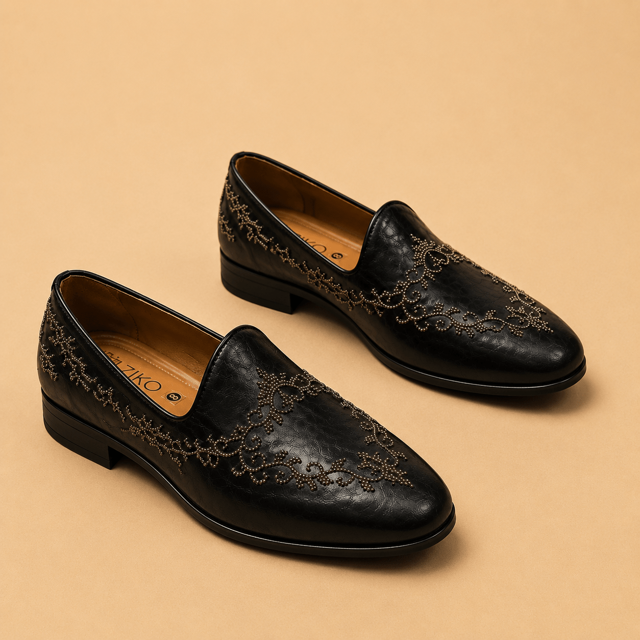 Men's Black Embroidered Studded Vegan Leather Slip-On Loafers - Zikolifestyle