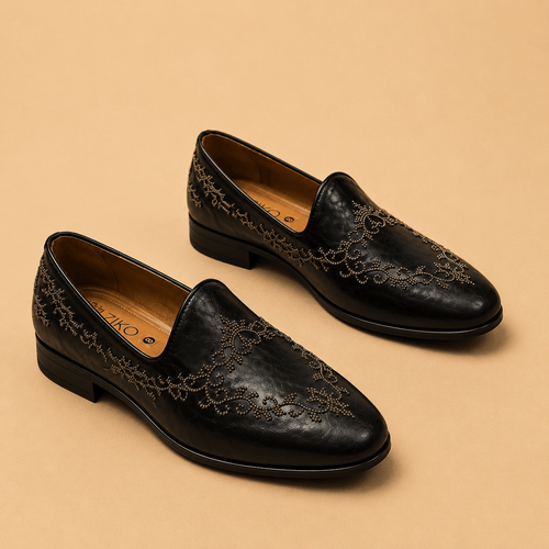 Men's Black Embroidered Studded Vegan Leather Slip-On Loafers - Zikolifestyle