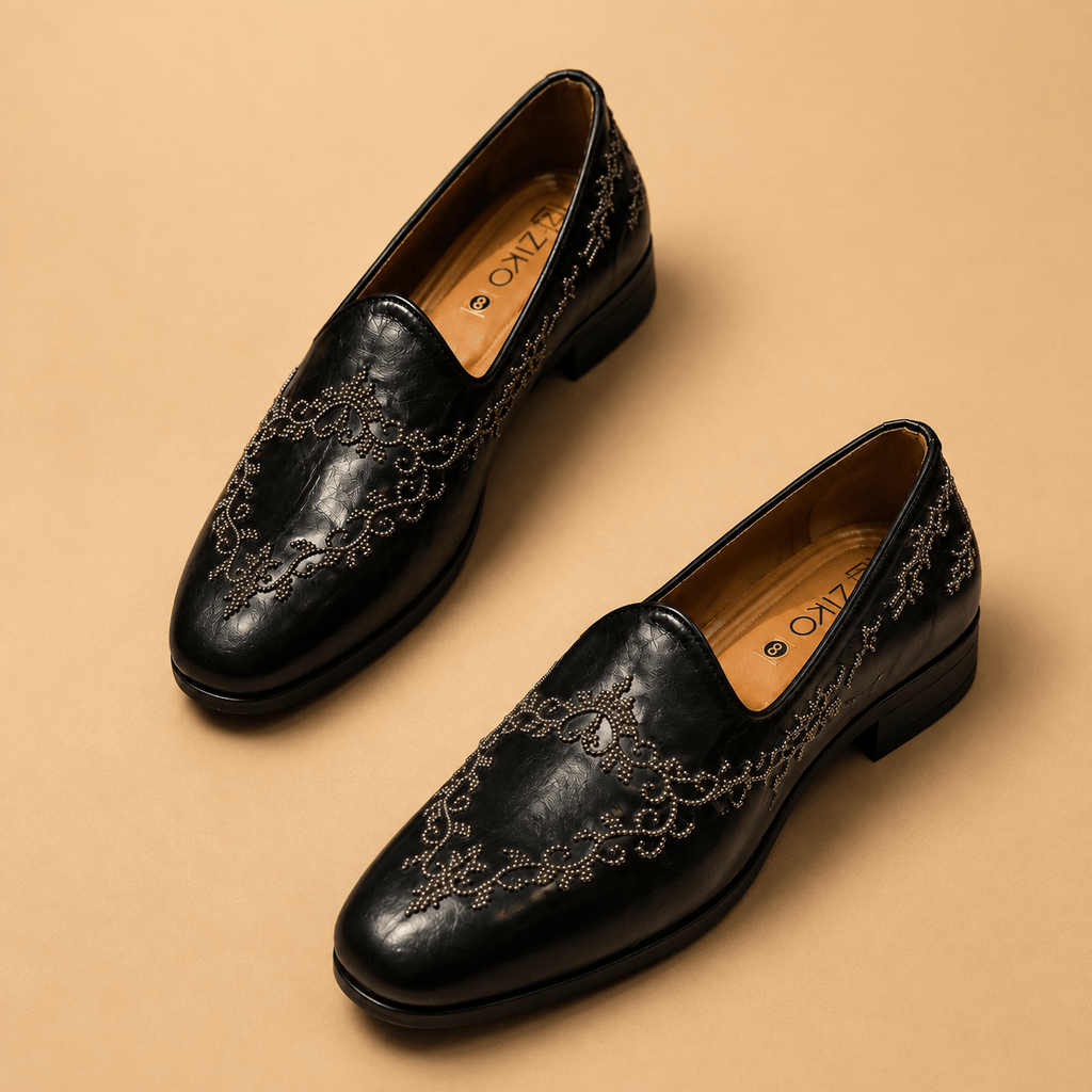 Men's Black Embroidered Studded Vegan Leather Slip-On Loafers - Zikolifestyle