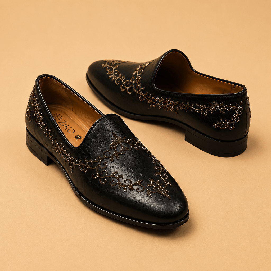 Men's Black Embroidered Studded Vegan Leather Slip-On Loafers - Zikolifestyle