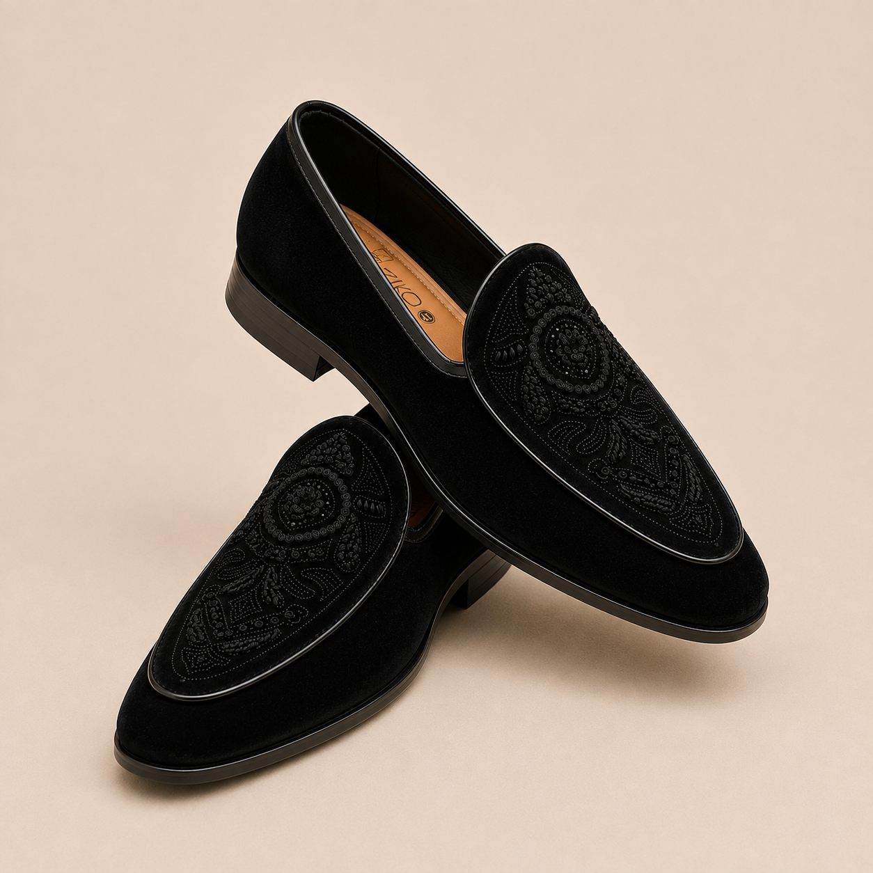 Men's Black Intricate Embroidered Vegan Leather Slip-On Loafers