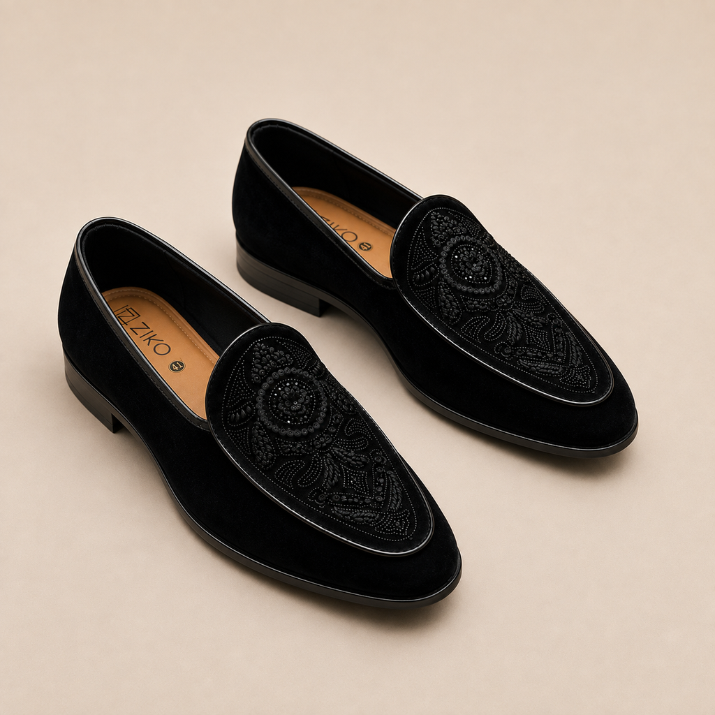Men's Black Intricate Embroidered Vegan Leather Slip-On Loafers