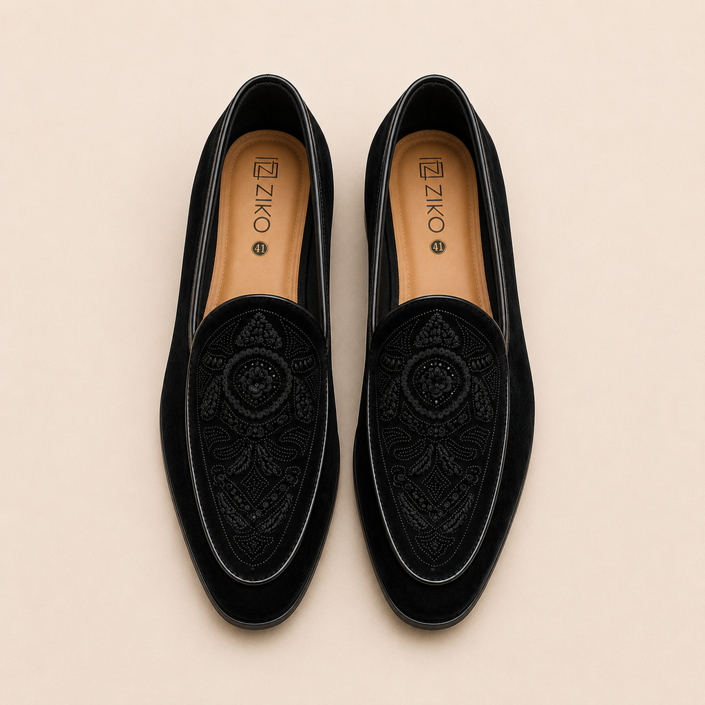 Men's Black Intricate Embroidered Vegan Leather Slip-On Loafers
