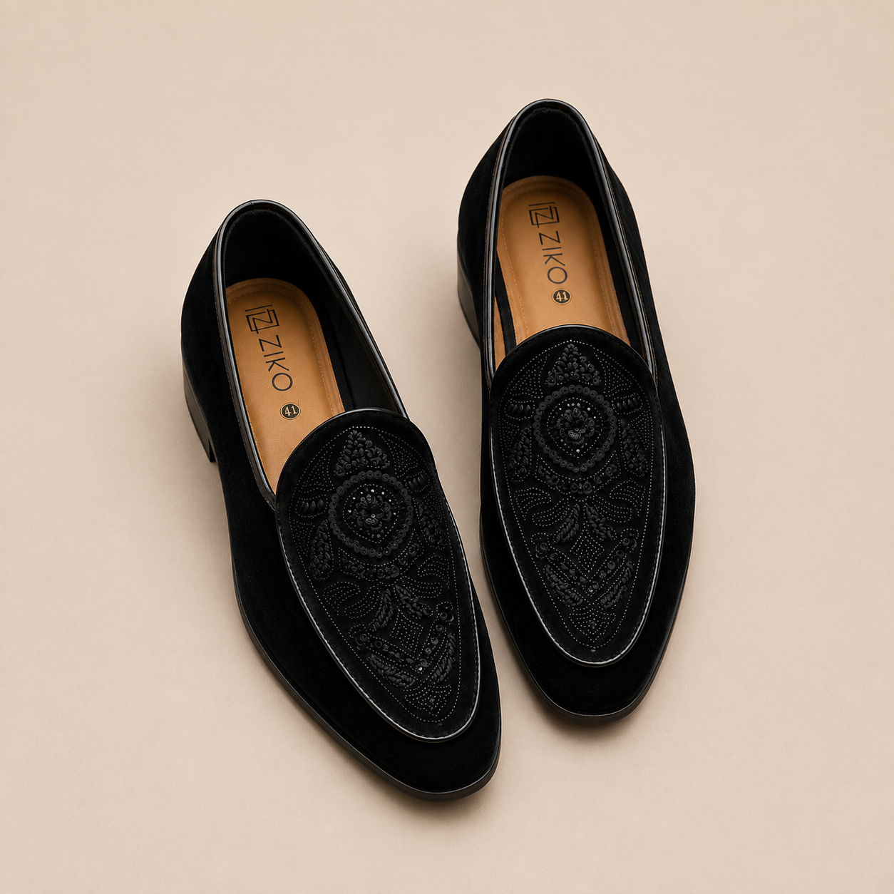 Men's Black Intricate Embroidered Vegan Leather Slip-On Loafers
